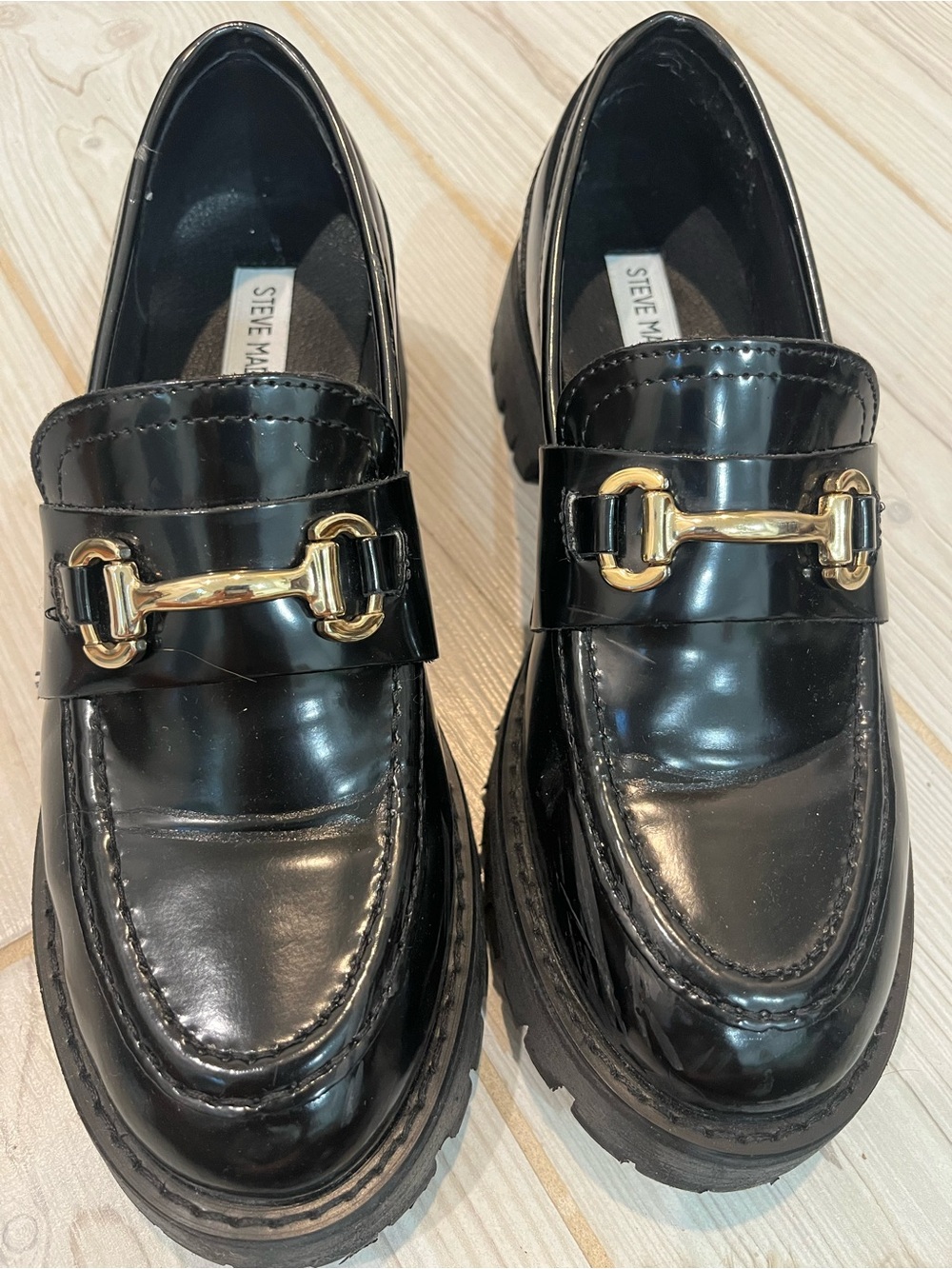 Steve Madden Black Patent Loafers with Gold Bit Accent